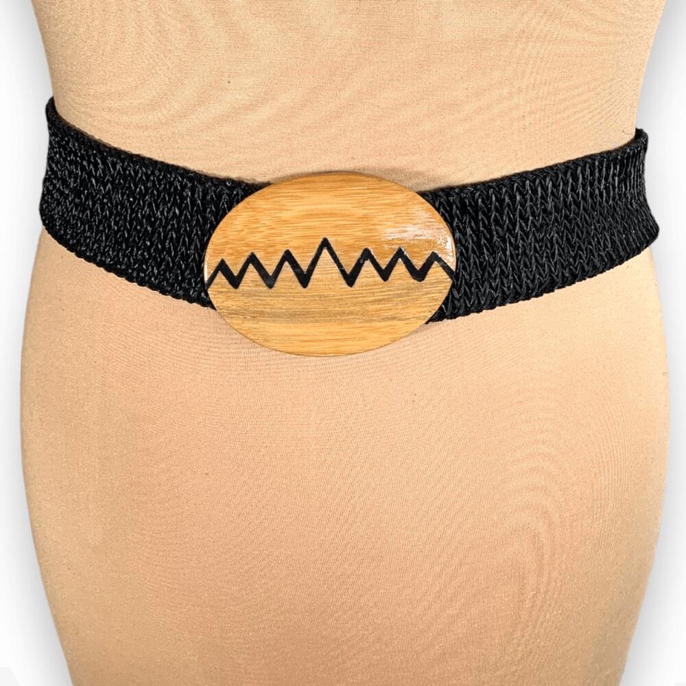 Vintage Black Woven Stretch Belt Wood Buckle Zig Zag Boho Western Festival